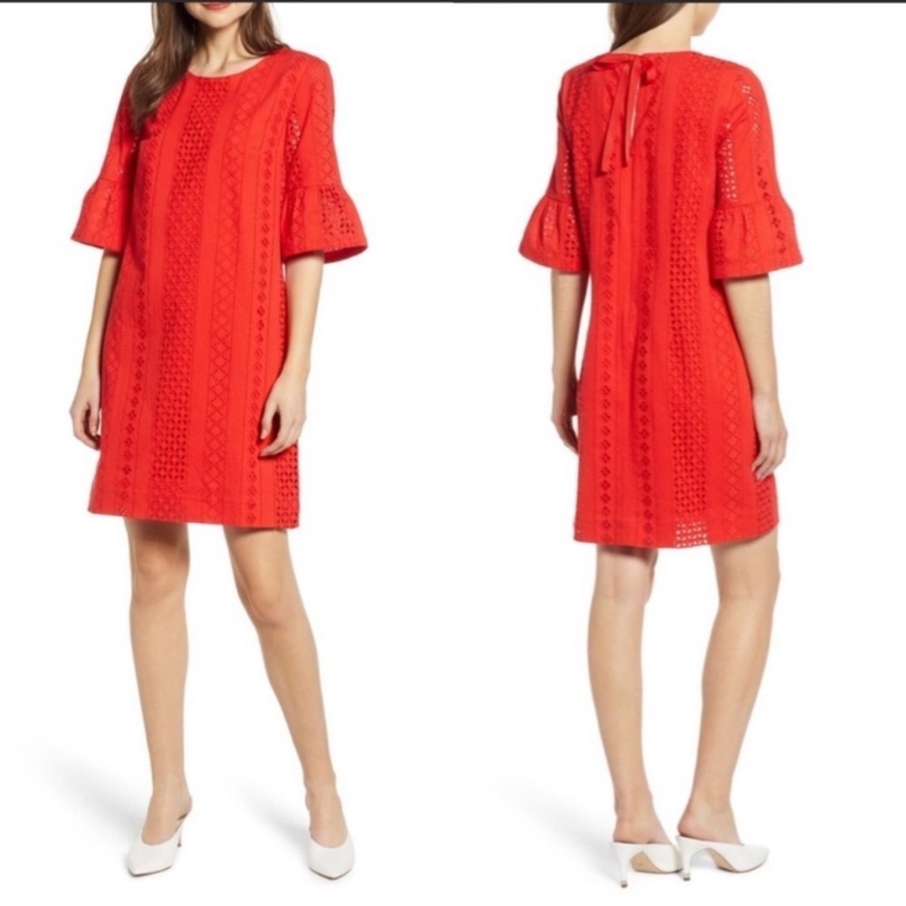 J. Crew Red Eyelet Ruffle Sleeve Dress
